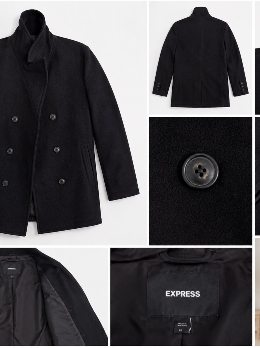 Express Black Double-Breasted Wool Peacoat with Stand Collar